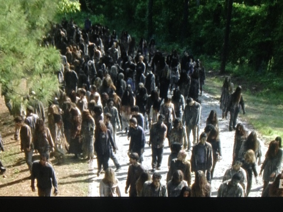 The horde of walkers begins to follow the sound of the screams...